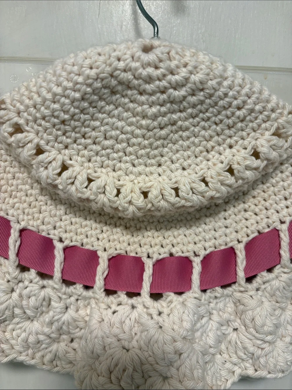 Cream Crochet Sun Hat with Pink Ribbon
